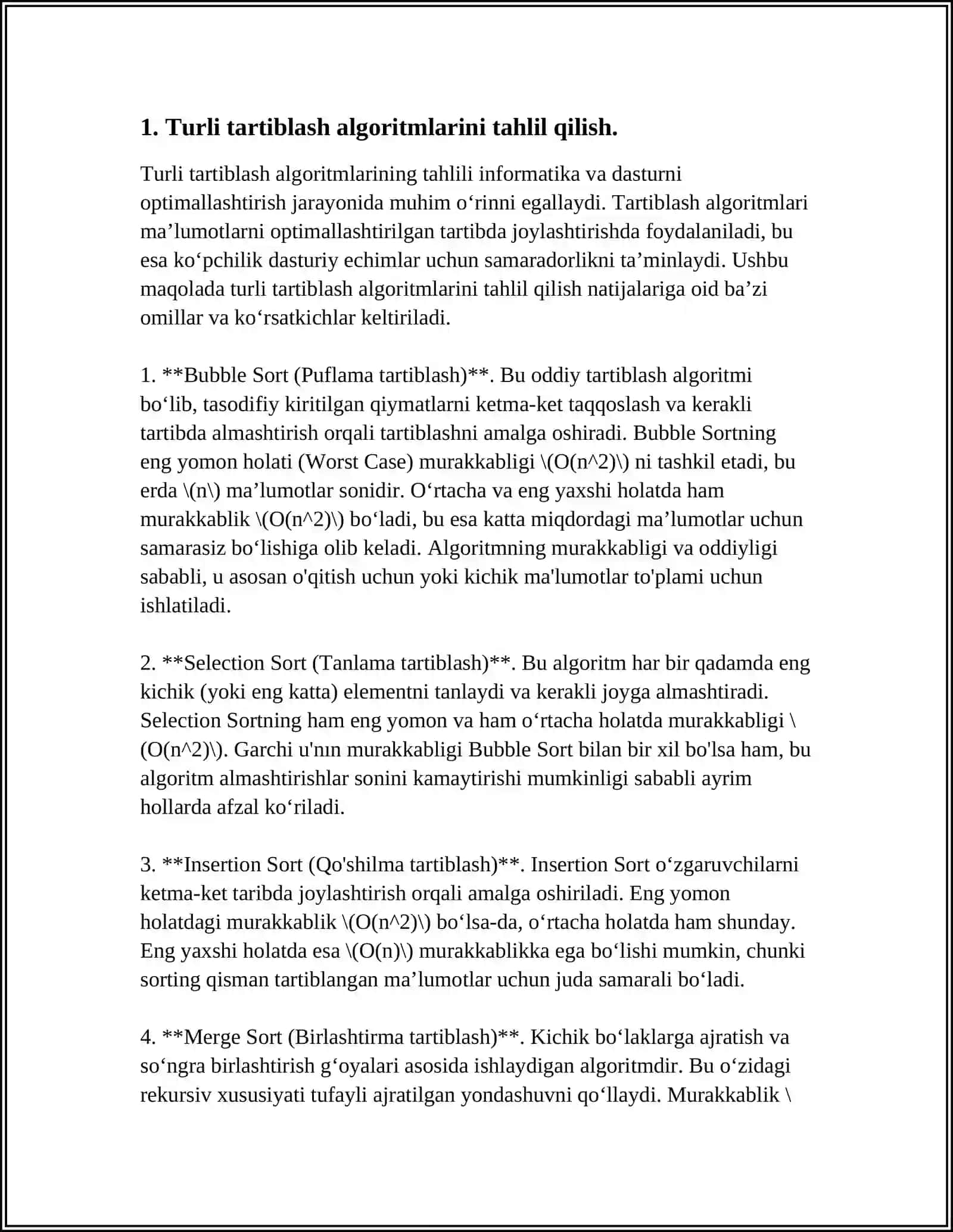 TARTIBLASH ALGORITMLARI.KVADRATLIK, LOGARIFMLIK VA CHIZIQLI QIYINCHILIKDAGI TARTIBLASH 3
