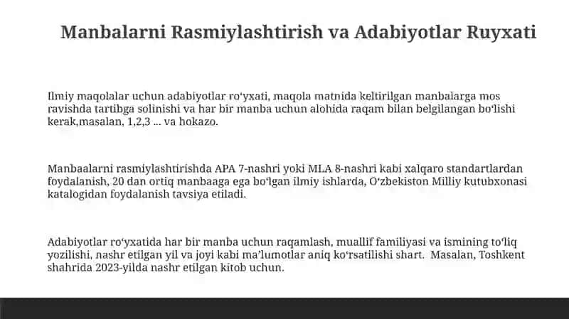 Manbalarni Rasmiylashtirish va Adabiyotlar Ruyxati 3