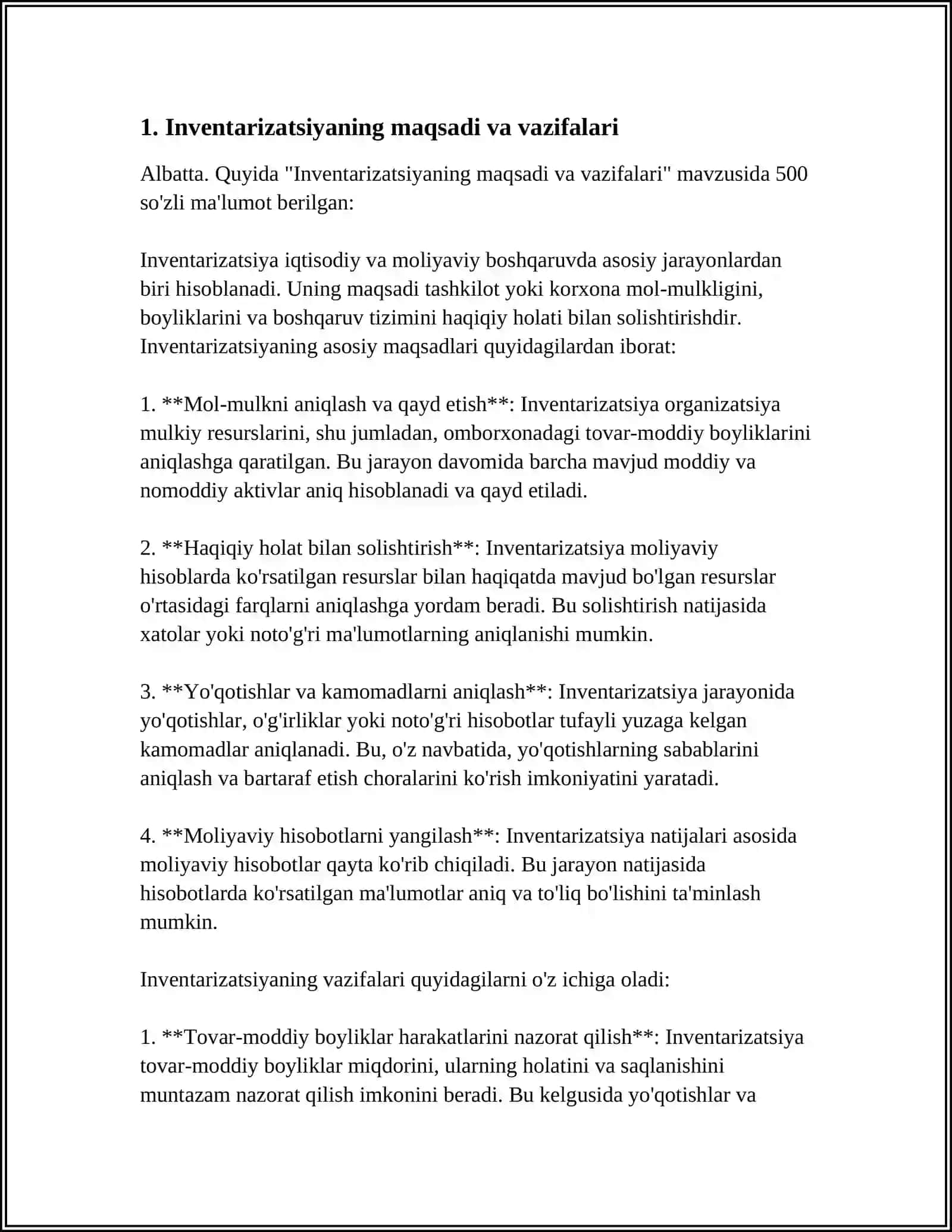 KORXONA VA TASHKILOTLARDA INVENTARIZATSIYANI TASHKIL ETISH, OʻTKAZISH VA NATIJALARI 3