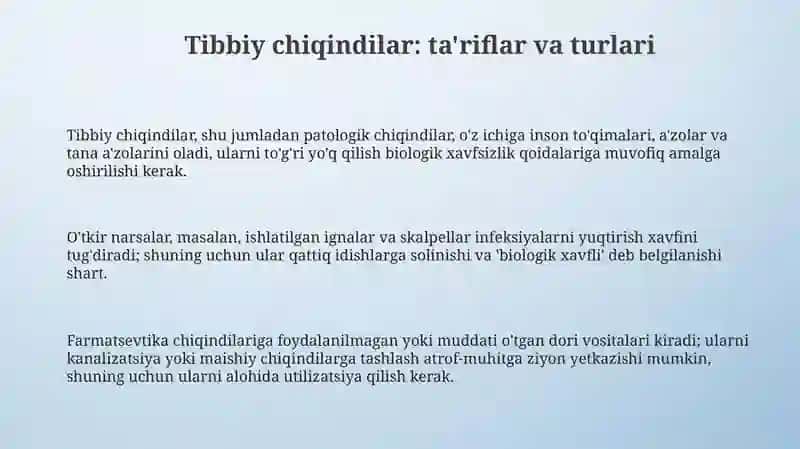 Tibbiy chiqindilarni yig'ish, olib chiqish, yo'q qilish asoslari 3