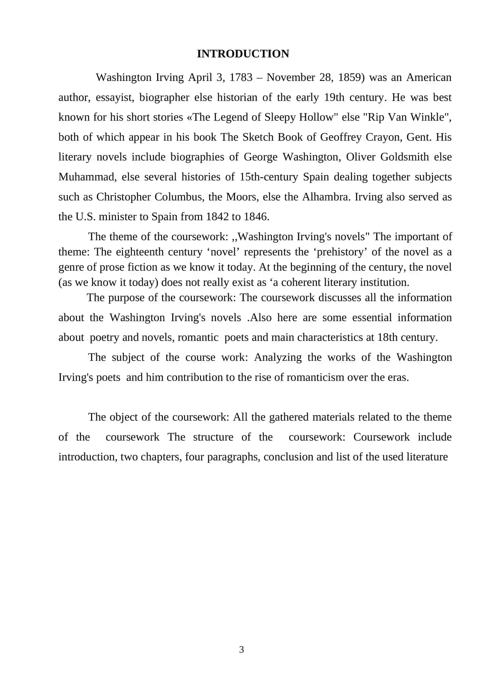 COURSE WORK: WASHINGTON IRVING'S 3
