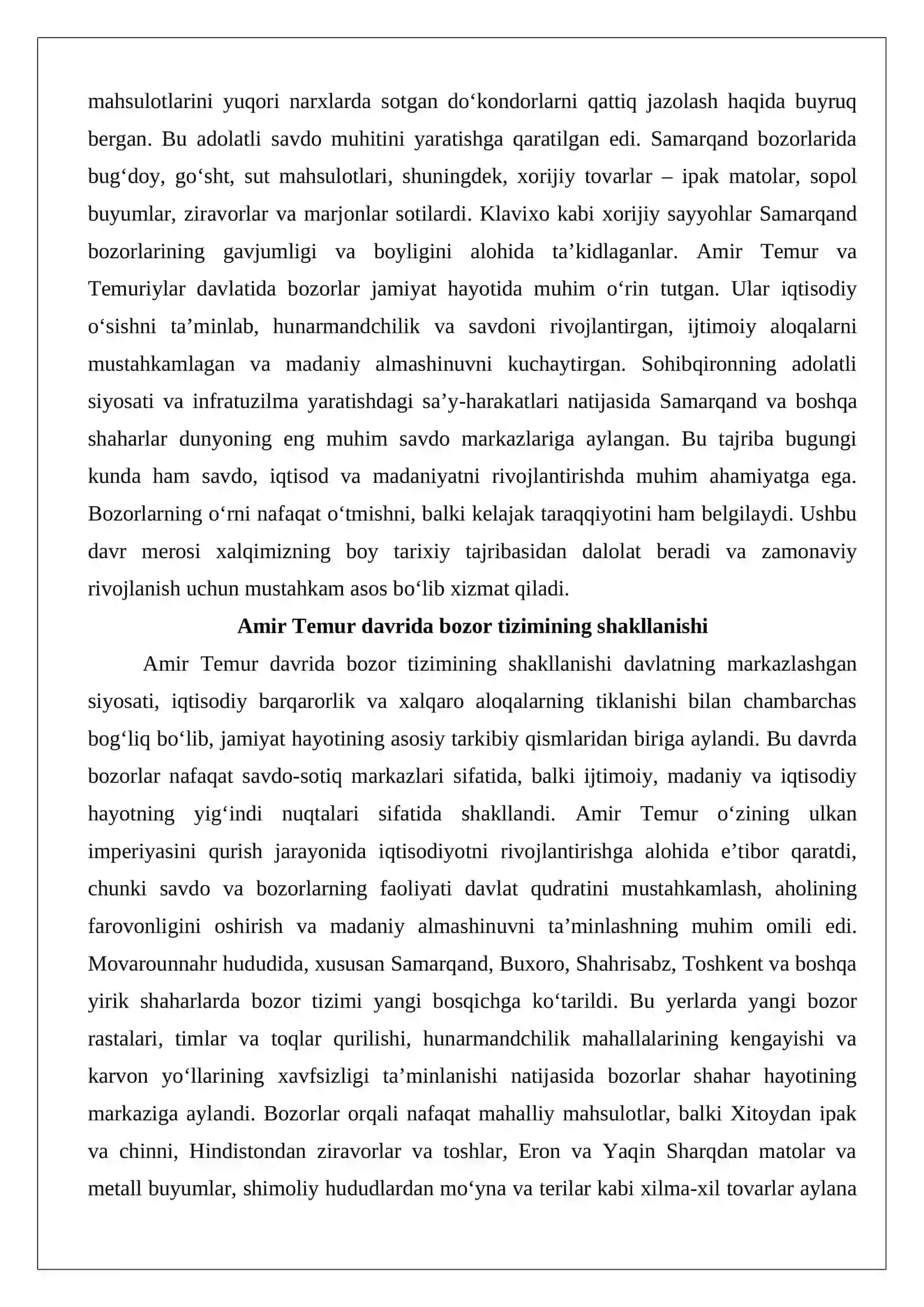 Amir Temur va Temuriylar davlatida bozorlarning jamiyat hayotida tutgan o‘rni 3