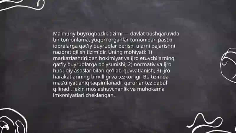 Ma'muriy buyruqbozlik tizimi: xususiyatlari va buyruqlato 3