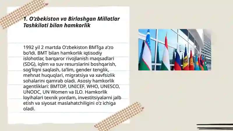 Oʻzbekistonning xalqaro tashkilotlar bilan hamkorlik aloqalari 3