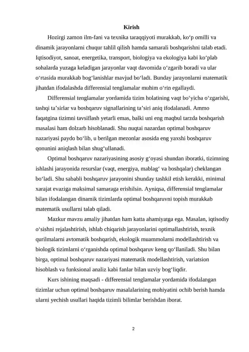 differensial tenglamalar bilan ifodalanadigan tizmlarda optimal boshqaruv 3