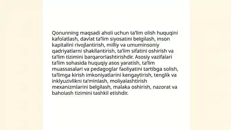 O'zbekiston Respublikasining Talim to'g'risidagi qonuni va uning mohiyati 3