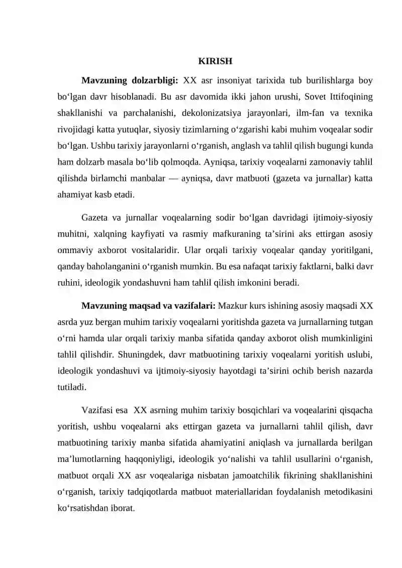 XX ASR TARIXINI YORITUVCHI MANBALAR TAVSIFI (GAZETA VA JURNALLAR MISOLIDA) 3