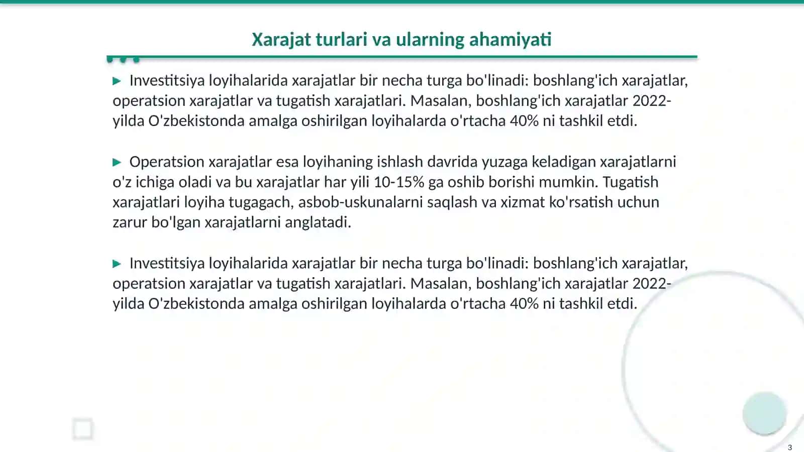 Investitsiya loyihalarida xarajatlar tahlili 3