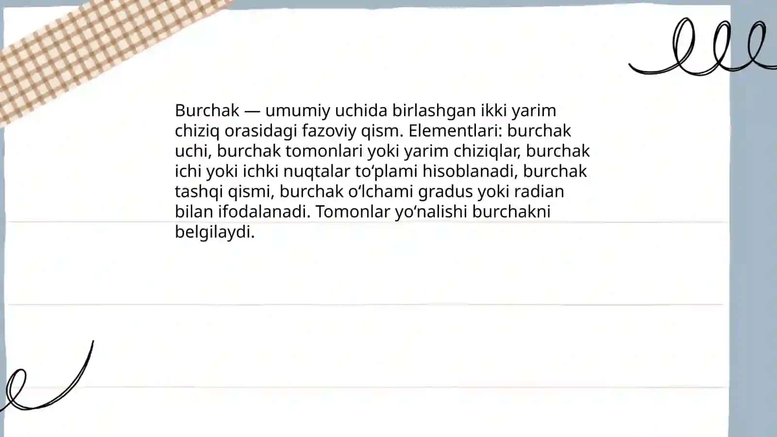 Burchak turlari. Yoyiq burchak.Burchak gradusi 3