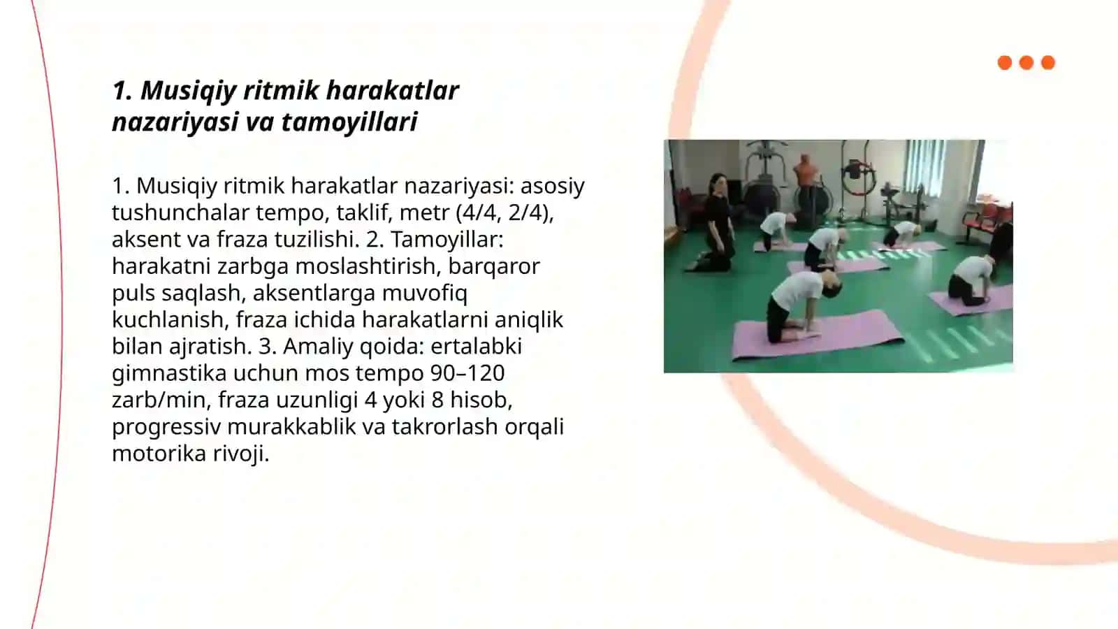 Musiqiy ritmik harakatlar. Ertalabki gimnastikani musiqa ostida òtish 3