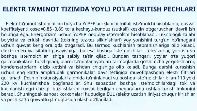ELEKTR TA’MINOT TIZIMDA YOYLI PO’LAT ERITISH PECHLARI 3