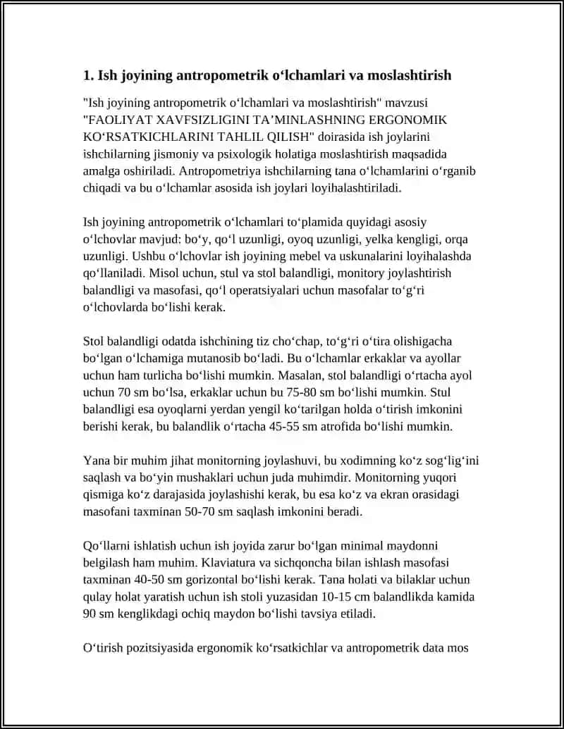 FAOLIYAT XAVFSIZLIGINI TA’MINLASHNING ERGONOMIK KО‘RSATKICHLARINI TAHLIL QILISH 3