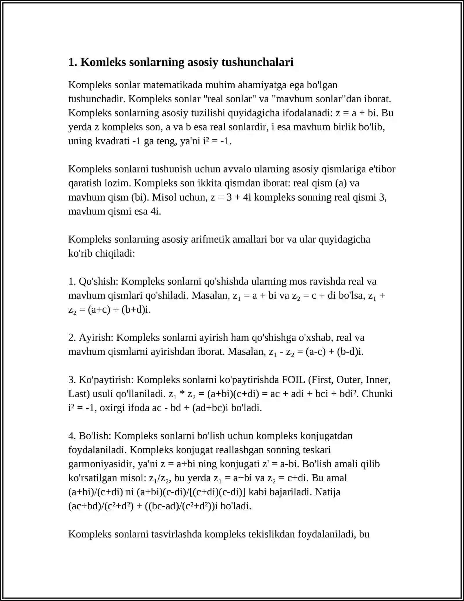 KOMPLEKS SONLARGA DOIR MUHIM TENGSIZLIKLAR. KOMPLEKS SONLARNING XOSSALARI 3