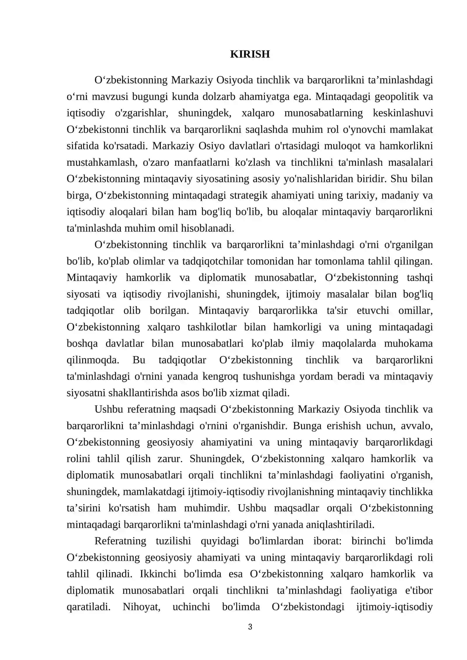 Oʻzbekistonning Markaziy Osiyoda tinchlik va barqarorlikni taʼminlashdagi oʻrni 3