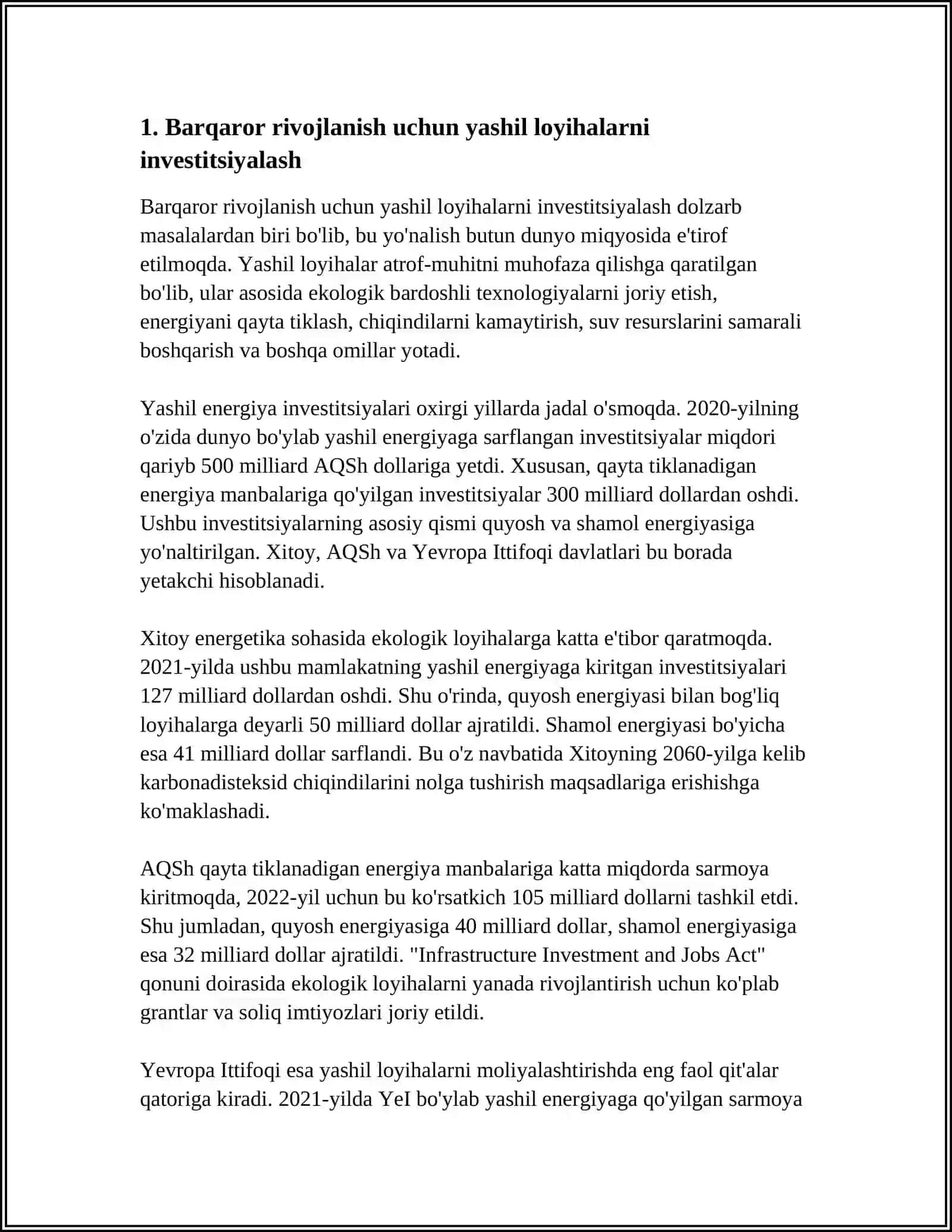 YASHIL LOYIHALAR"NI INVESTITSIYALASH YONALISHLARI VA DASTAKLARI 3