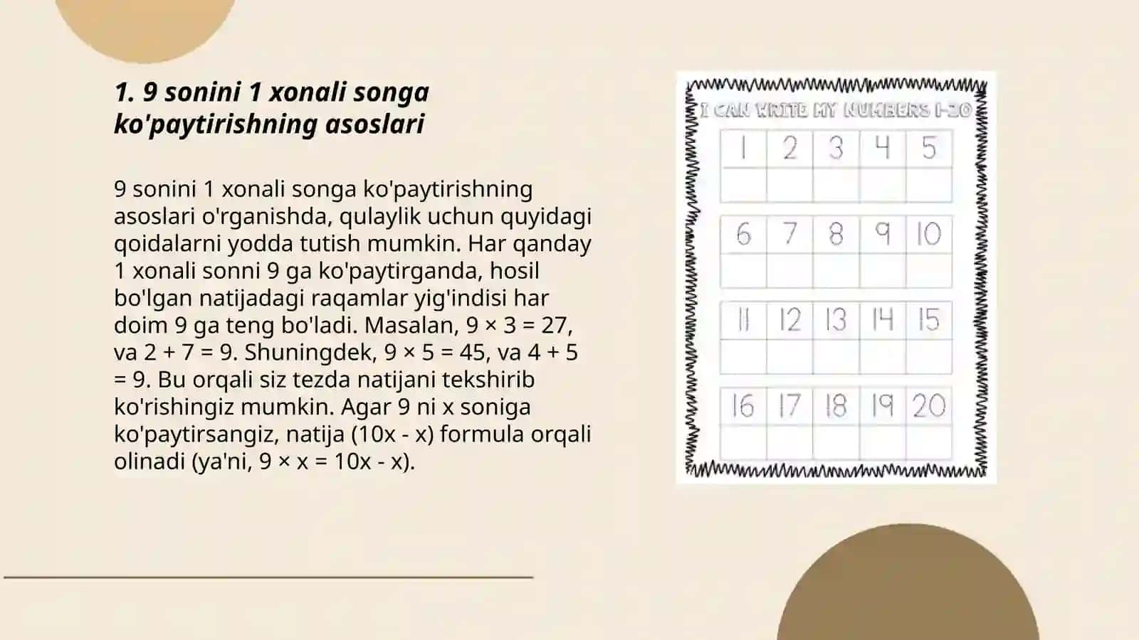 9 sonini 1 xonali songa ko'paytirish 3