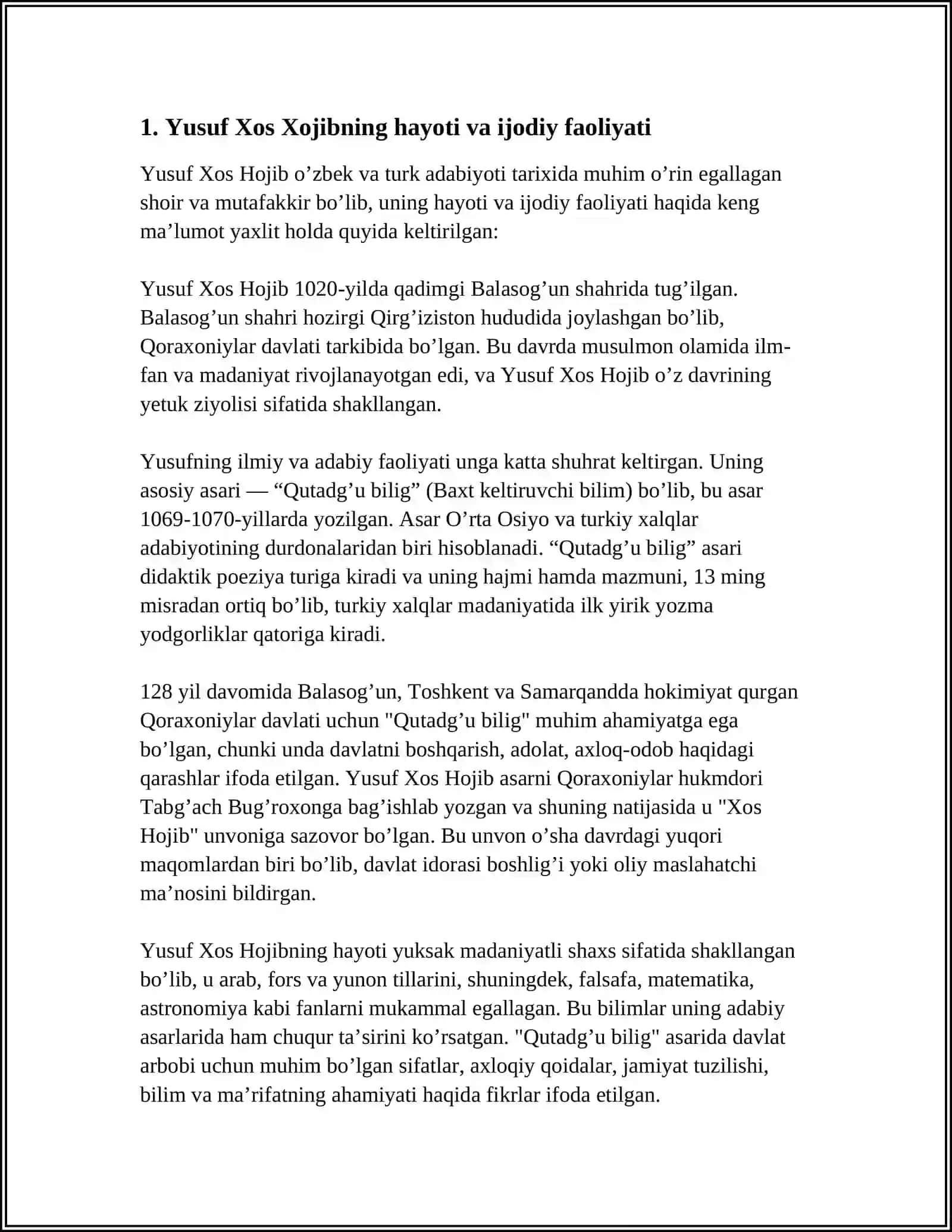 MUSTAQIL ISH Mavzu: YUSUF XOS XOJIBNING ILMIY MEROSLARI 3