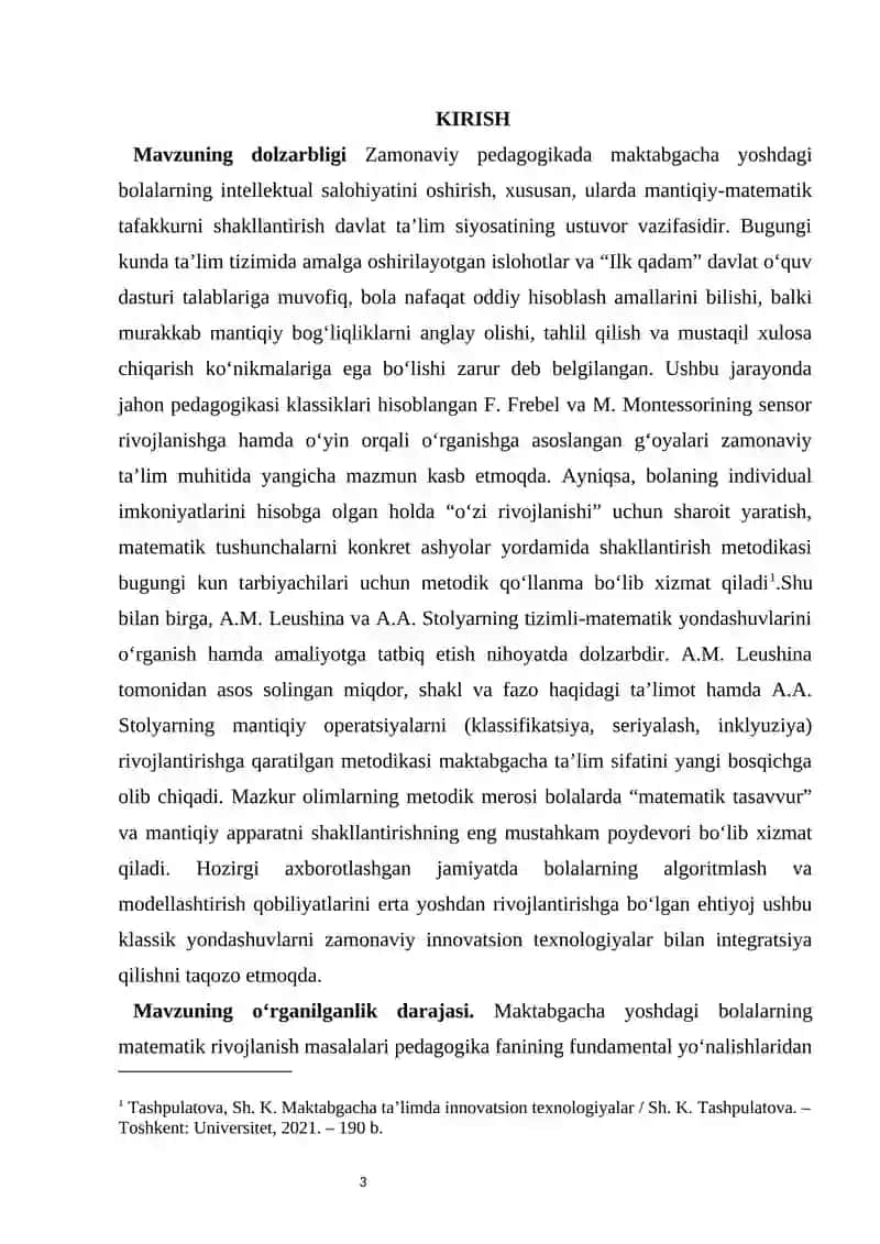 M. Montessori, F. Frebel, A.M. Leushina va A.A. Stolyarning maktabgacha yoshdagi bolalarning matematik rivojlanishiga oid zamonaviy yondashuvlari. 3