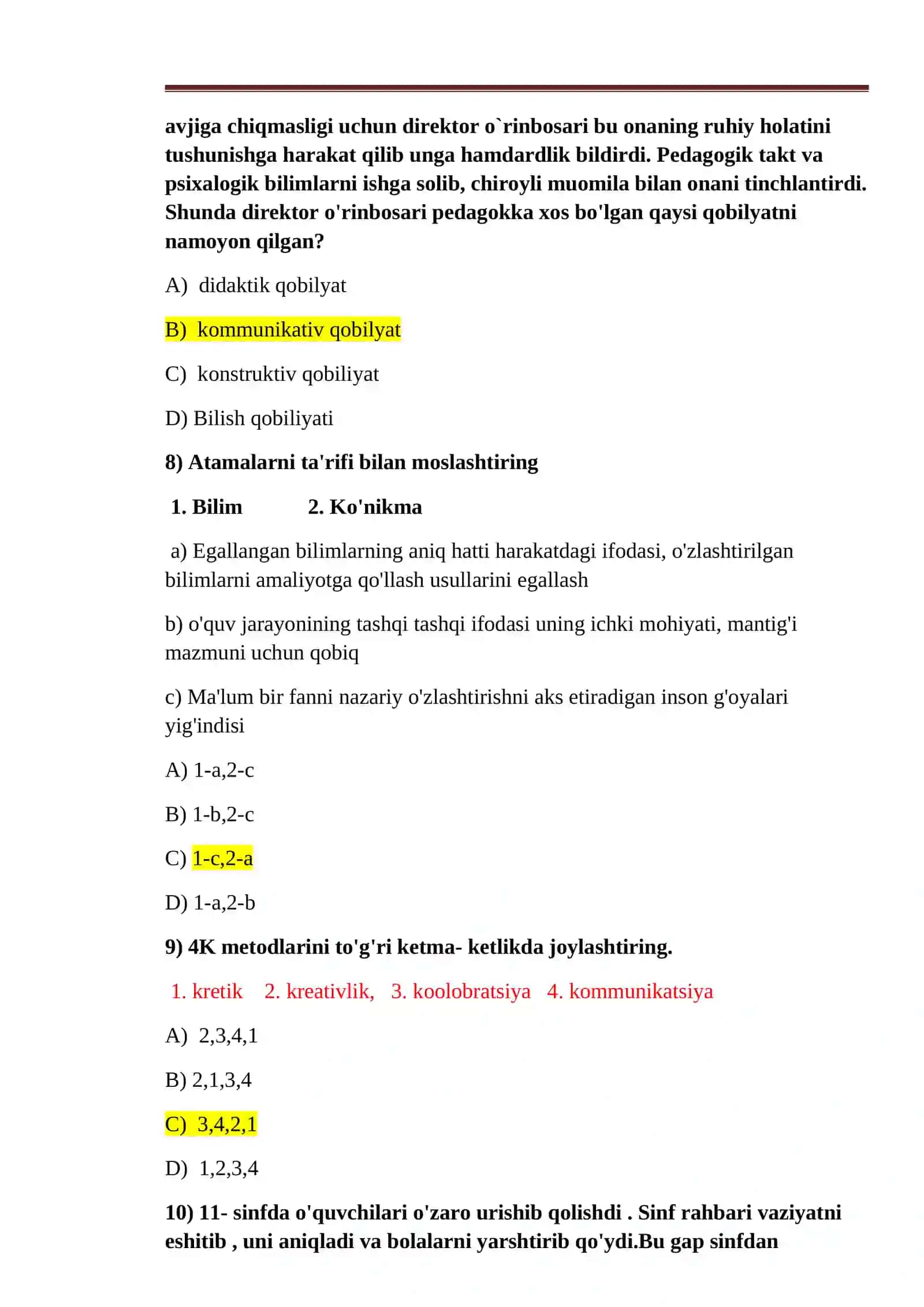 2026 yil attestatsiyaga toyfaga tushgan pedagogik mahoratdan testlar 3