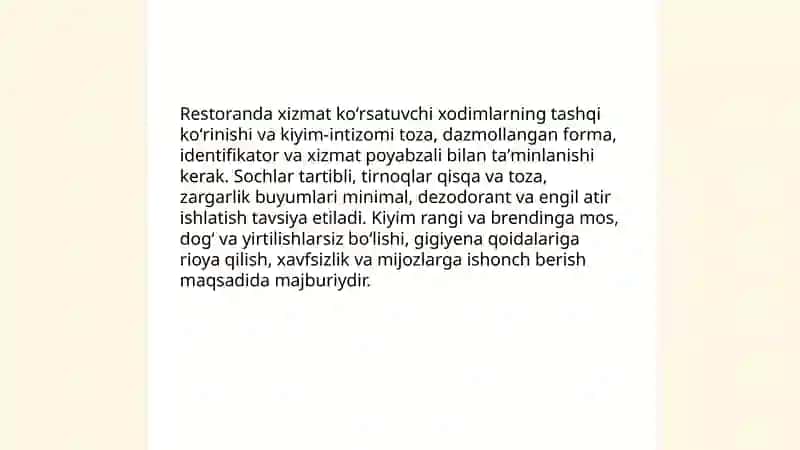 Restoranda xizmat koʻrsatuvchi xodimlarning tashqi koʻrinishi va kiyim-intizomi 3