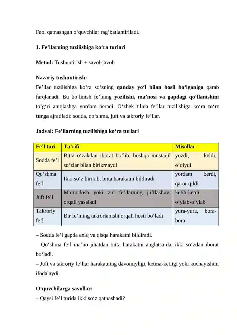Diagramma, audio matn ustida ishlash. Fe’llarning tuzilishiga ko‘ra turlari va ularning imlosi    7 sinf ona tili DARS ISHLANMASI 3