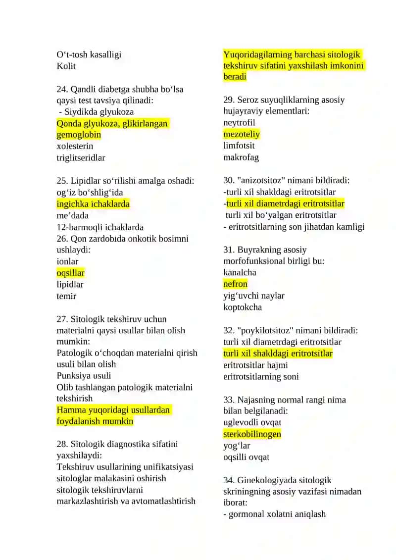 Klinik laboratoriya diagnostikasi mutaxasisiligi bo’yicha shakllantirilgan test savollari ro’yxati 3