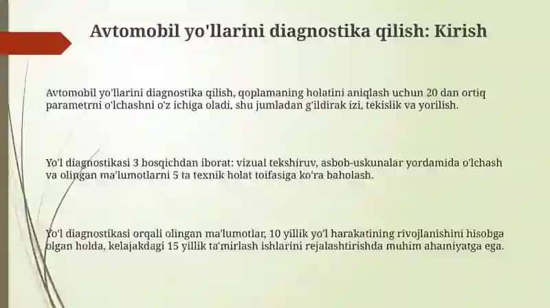Avtomobil yo'llarini diagnostika qilish 3
