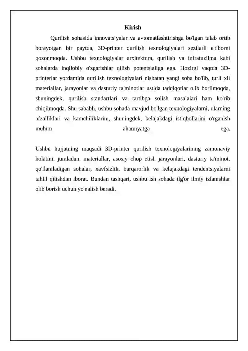 3D-printer qurilish texnologiyalarining asosiy jarayonlari va materiallari 3