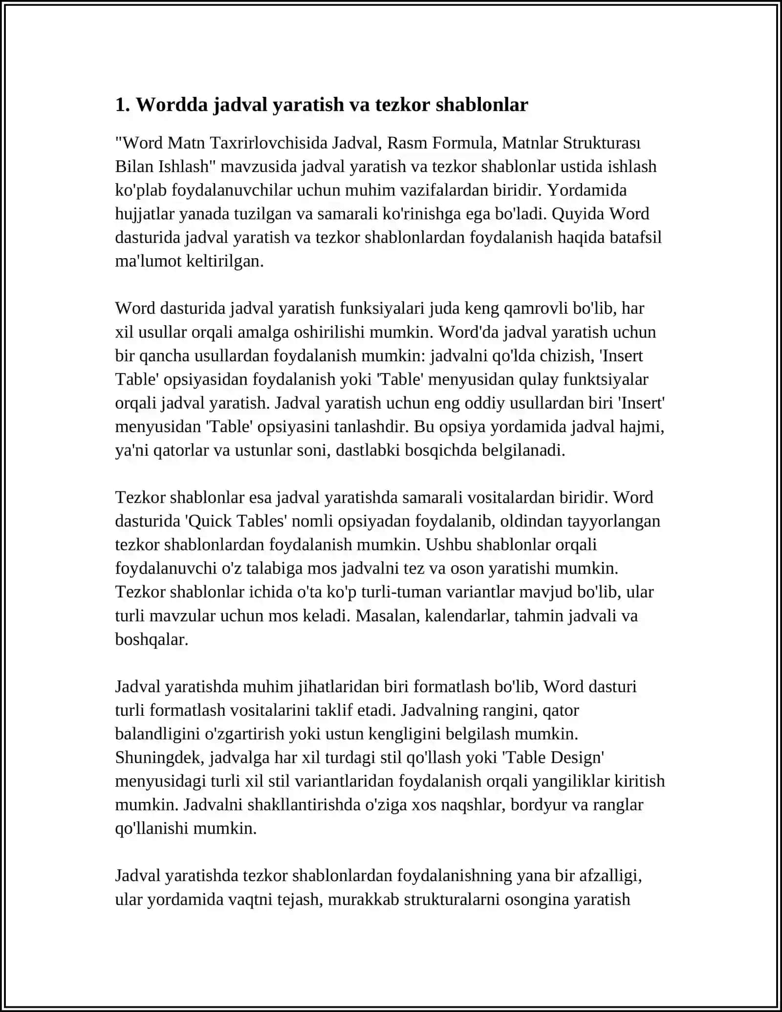 WORD MATN TAXRIRLAGICHIDA JADVAL, RASM FORMULA, MATNLAR STRUKTURASI BILAN ISHLASH 3