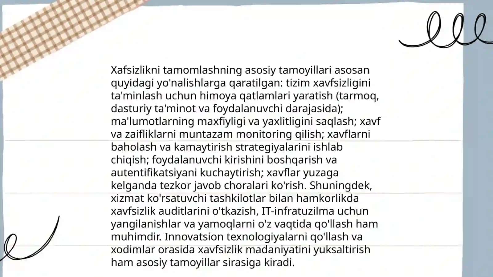 Xafsizlikni taminlash tamoillari va uslublarini tahlil qilish Faoliyatining turli bosqichlarida hafsizlik shartlarini tahlil qiliw 3