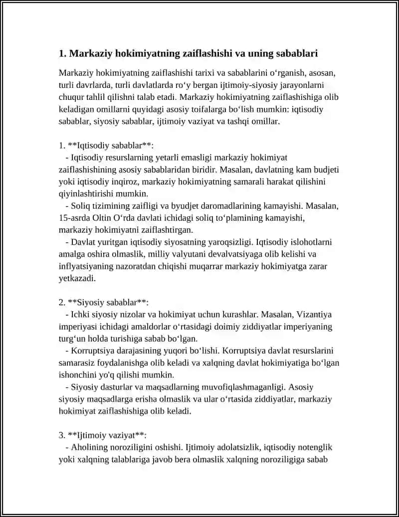 AMIR TEMUR DAVRI DAVLATCHILIGI OʻRTA OSIYONING XONLIKLARGA BOʻLINIB KETISHI UNING SABABLARI VA OQIBATLARI 3