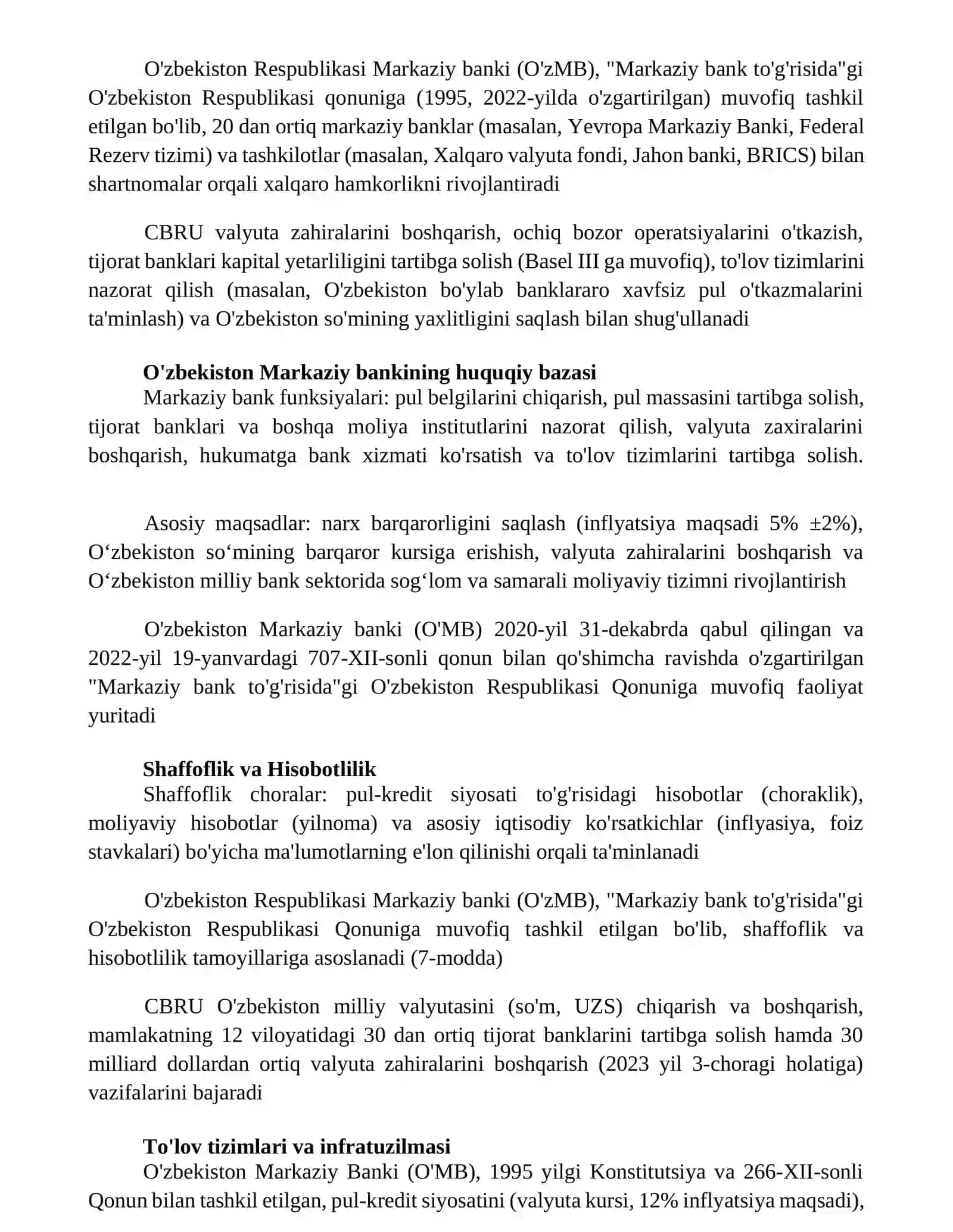 O'zbekiston Respublikasi Markaziy bankining huquqiy asoslari, maqsadi, vazifalari 3
