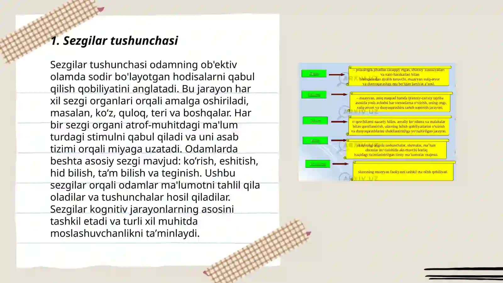 Sezgilar haqida umumiy tushuncha sezgi turlari va uning qonuniyatlari 3