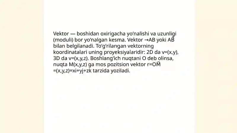 Vektorlar, vektor kordinatalari bilan berilgan vektorlar ustida amallar 3