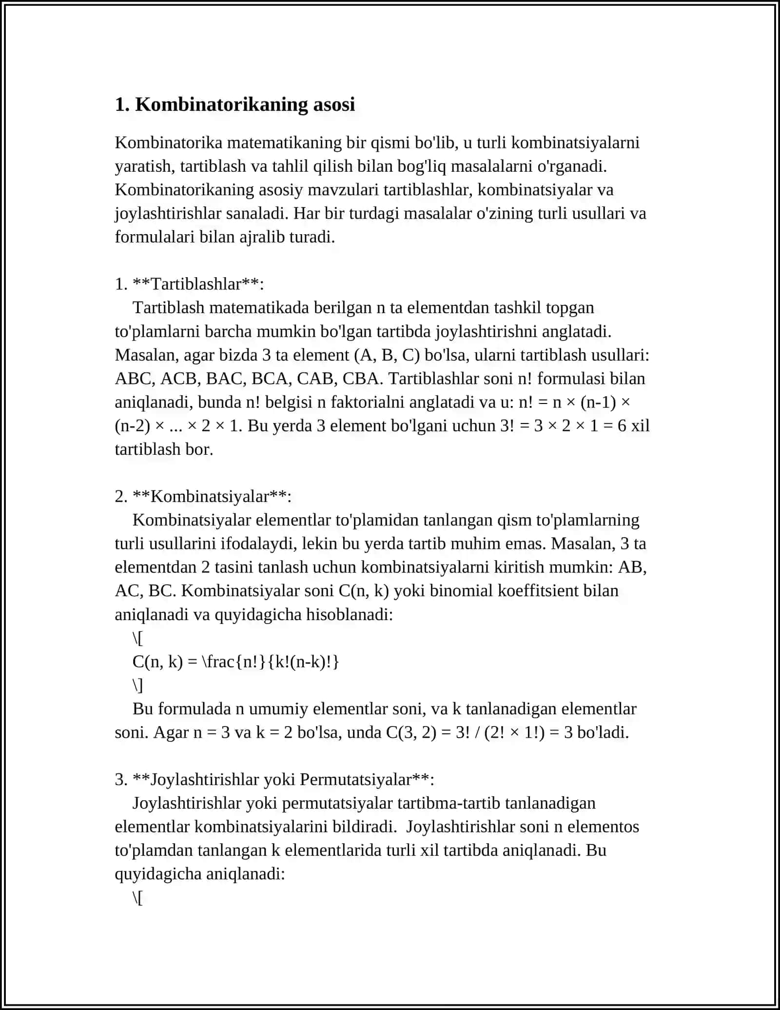 KOMBINATORIKANING ASOSIY ELEMENTLARI. ASOSIY KOMBINATSIYALAR 3