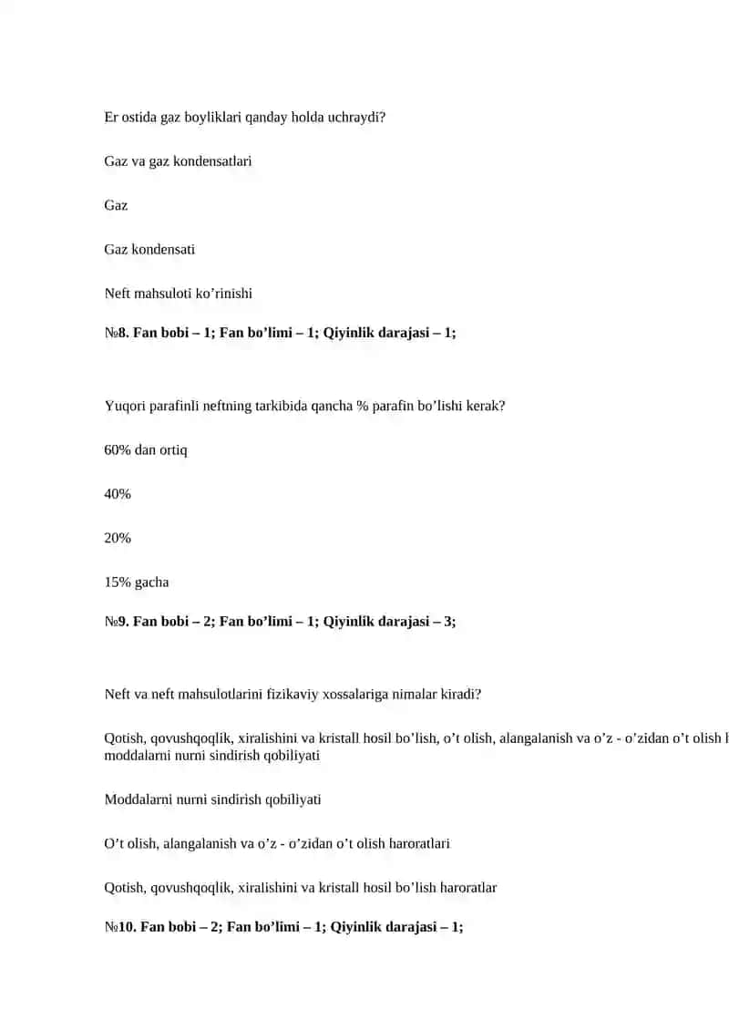 Neft-GAZ kimyosi va fizikasi test savollari 3