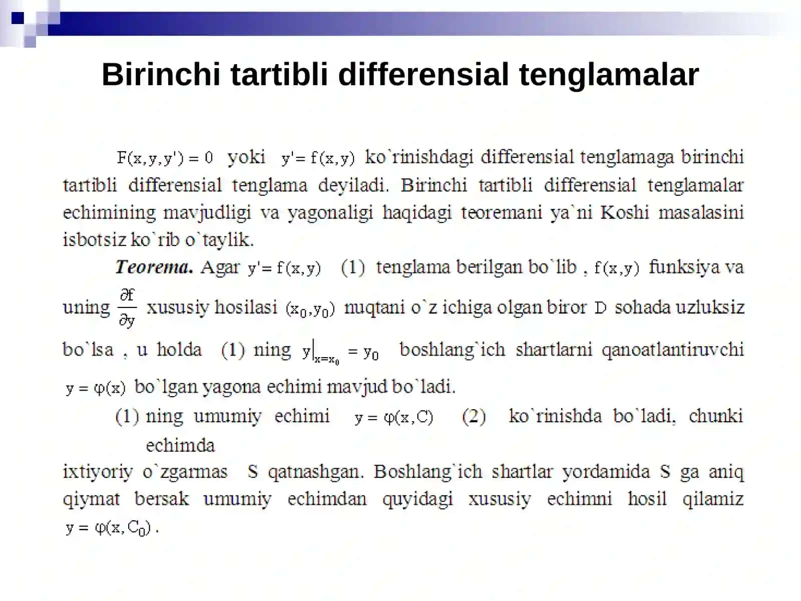 Birinchi tartibli differensial tenglamaning maxsus yechimi. Klero tenglamasi. 3
