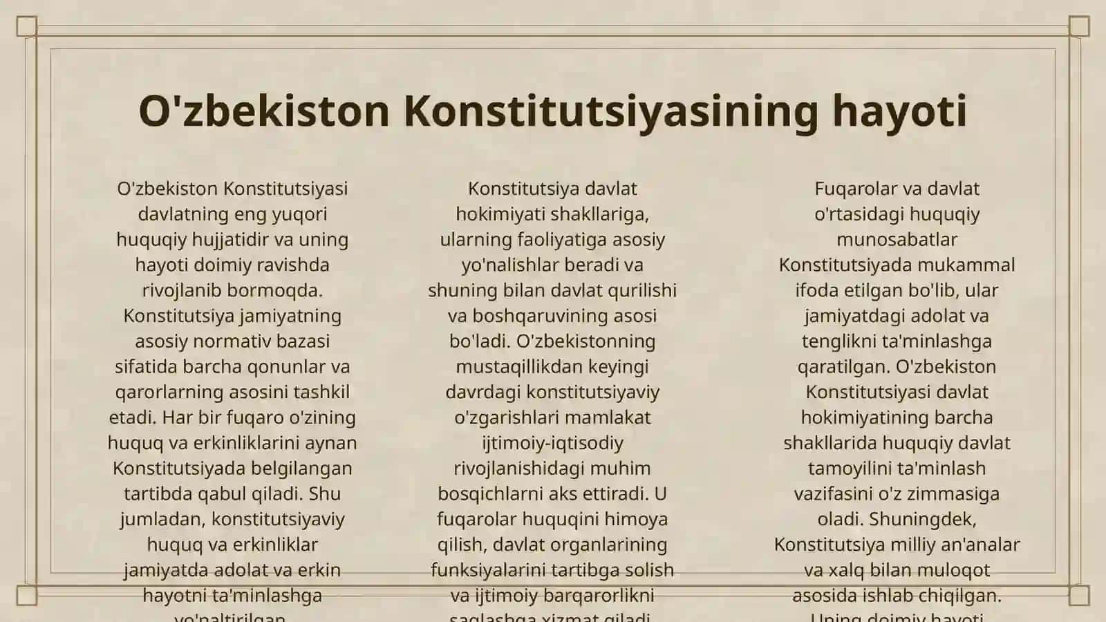OʻZBEKISTON RESPUBLIKASI FUQAROLARINING KONSTITUTSIYAVIY HUQUQ VA ERKINLIKLARI TUSHUNCHASI 3