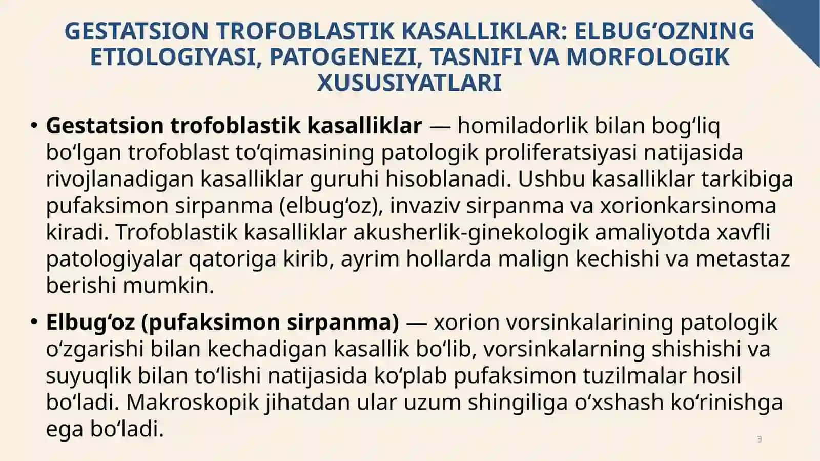 Elbug‘oz (pufaksimonsirpanma). Xorionkarsinoma. Diagnostika, davolash va olishtaktikasi 3