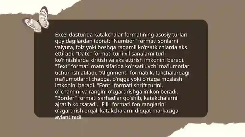 Excel dasturida katakchalar formatlarini oʻzgartirish 3