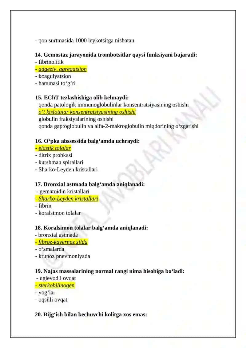 Klinik laboratoriya diagnostikasi mutaxasisiligi bo’yicha shakllantirilgan test savollari ro’yxati 3