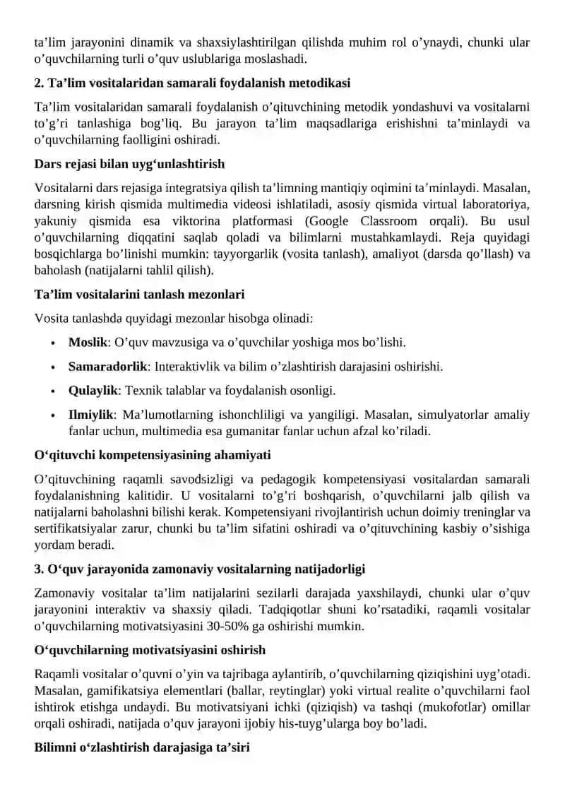 Zamonaviy ta’lim vositalarining turlari va o’quv jarayonida ta’lim vositalaridan foydalanish metodikasi bilan tanishish 3