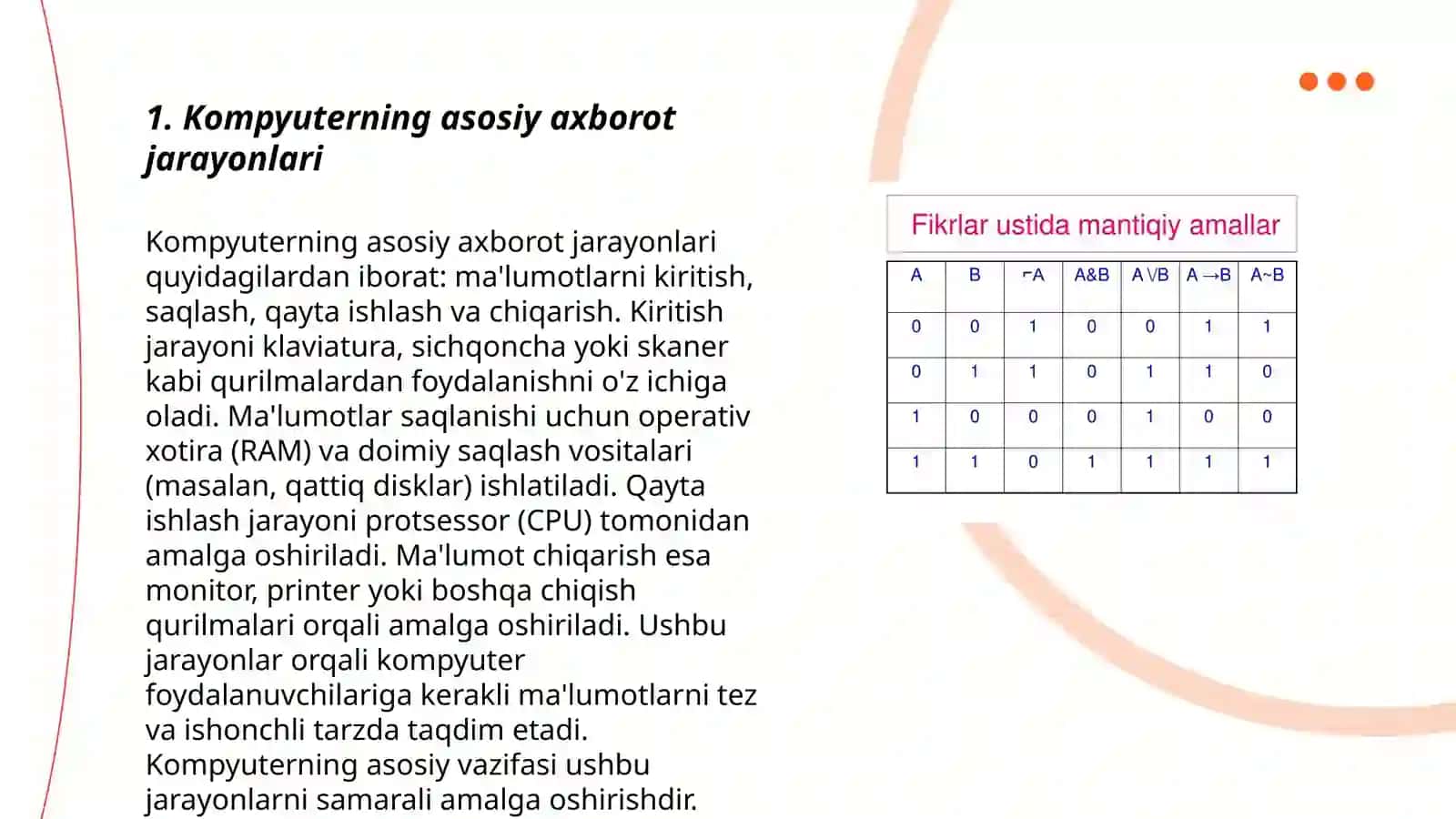 Kompyuterning axboriy-mantiqiy va arifmetik xossalari 3