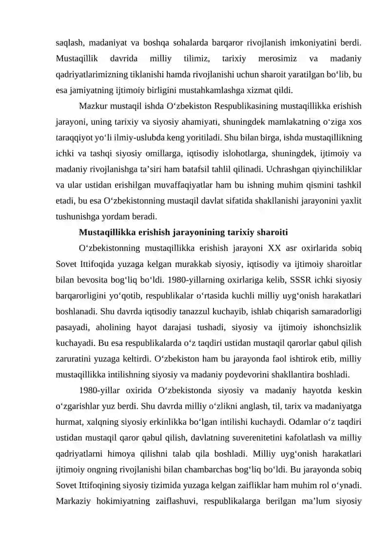 Mustaqil Oʻzbekiston Respublikasi tashkil topishining tarixiy ahamiyati va Oʻzbekistonning oʻziga xos istiqlol va taraqqiyot yoʻli. 3