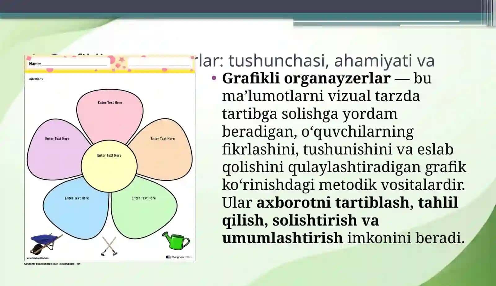 Boshlang‘ichta’limdao‘qitishninggrafikliorganayzerlari:Vennadiagrammasi, T-jadval, BBBjadvali,Baliqskeleti,Qandaydiagramma,Nilufarguli,Klastervaboshqalar 3