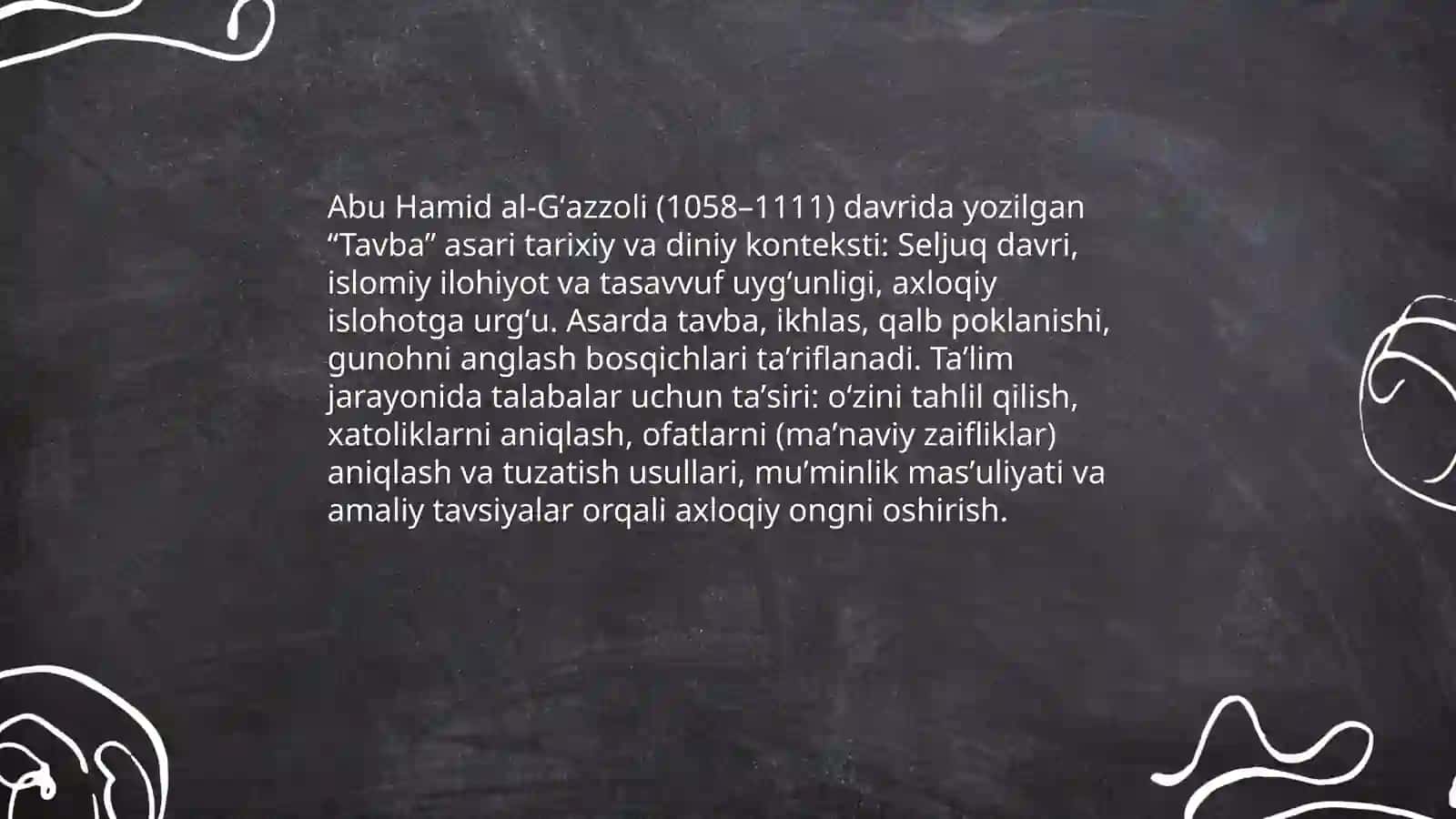 Gʻazzoliyning "Tavba" asarini tahlil etish va talabalarning öz faoliyatida mavjud ofatlarni aniqlash 3