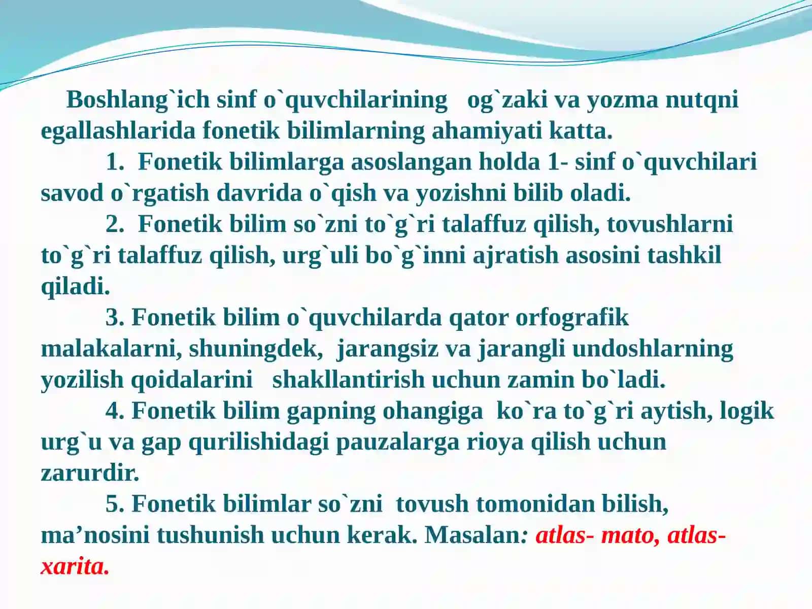 Fonetik bilimlarning o‘rni. Tovush va harf, unli va undoshlar, jarangli va jarangsiz undoshlar ustida ishlash 3