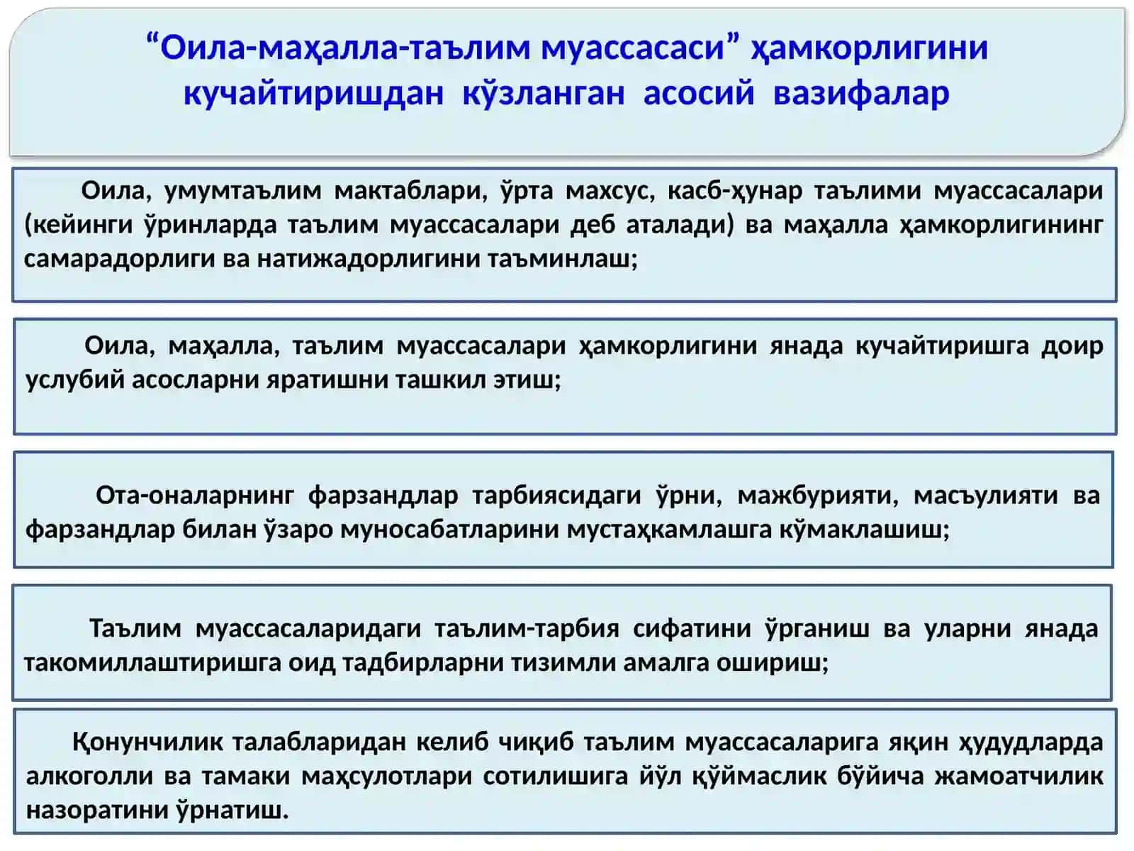 Механизм "ОИЛА - МАҲАЛЛА - ТАЪЛИМ МУАССАСАСИ" ҲАМКОРЛИГИНИ КУЧАЙТИРИШНИНГ УСТУВОР ВАЗИФАЛАРИ 3