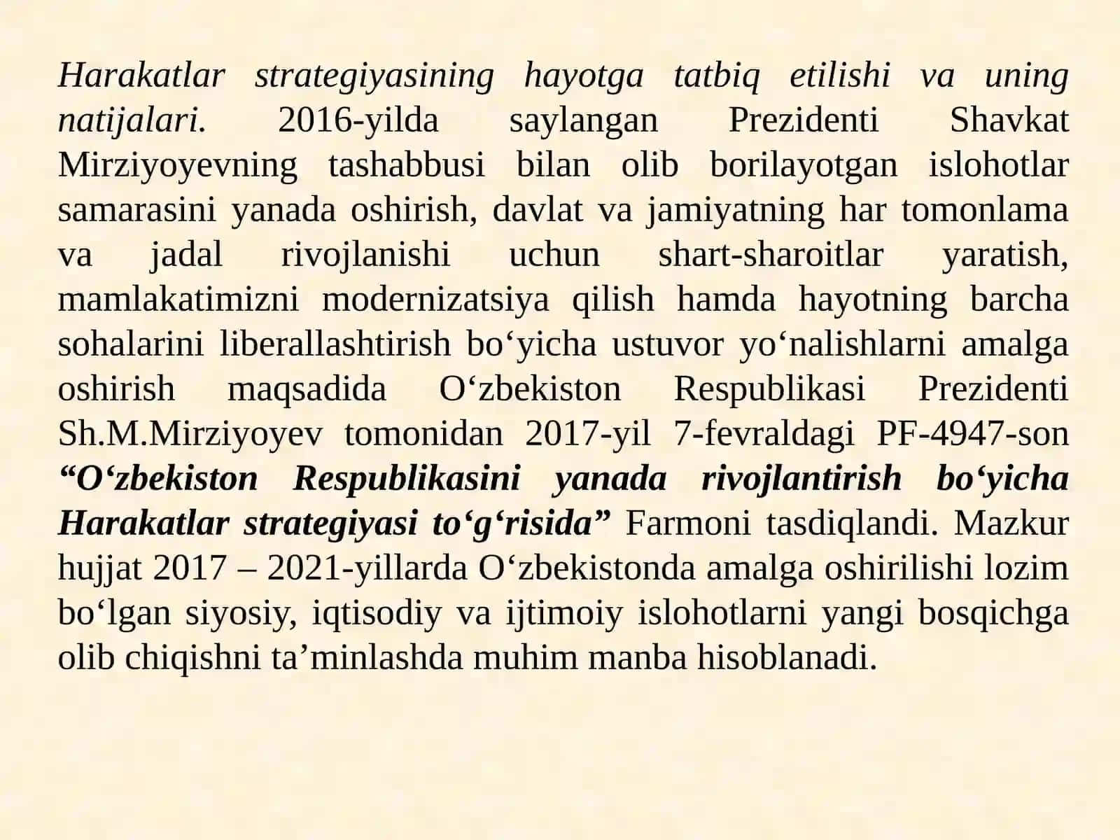 12-mavzu.Yangi O‘zbekistonda Prezident Sh.M.Mirziyoyevrahbarligi vatashabbusi ostida amalga oshirilayotganislohotlar 3