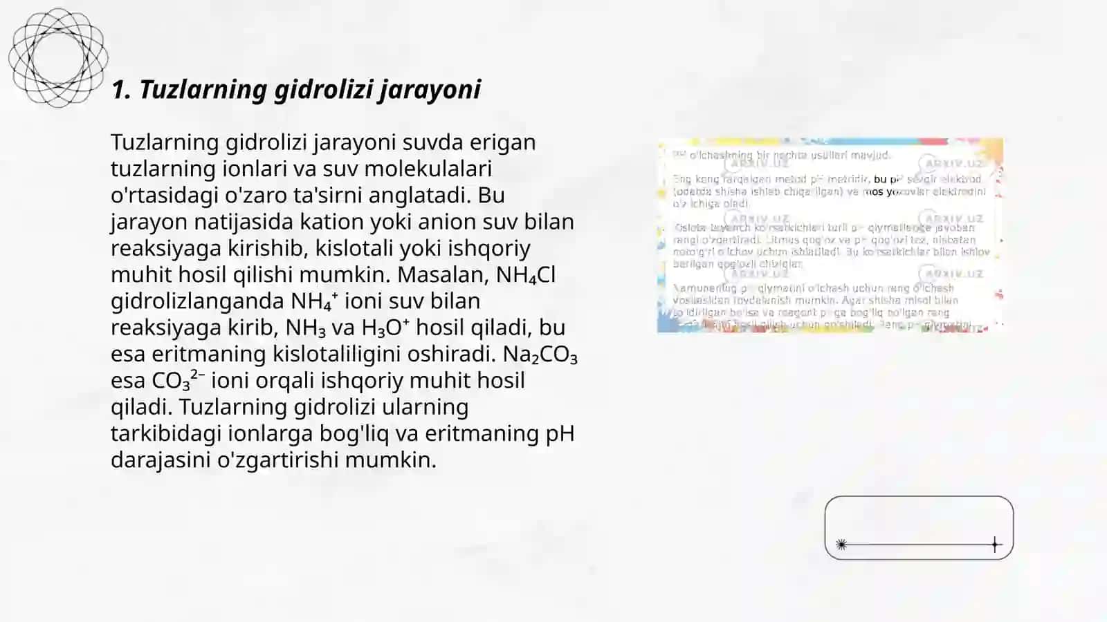Tuzlarning gidrolizi. pH. Suvning ion koʻpaytmasi 3